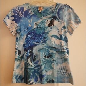 JM Collection Petite Women's Embellished Parrot Shirt Size PS
